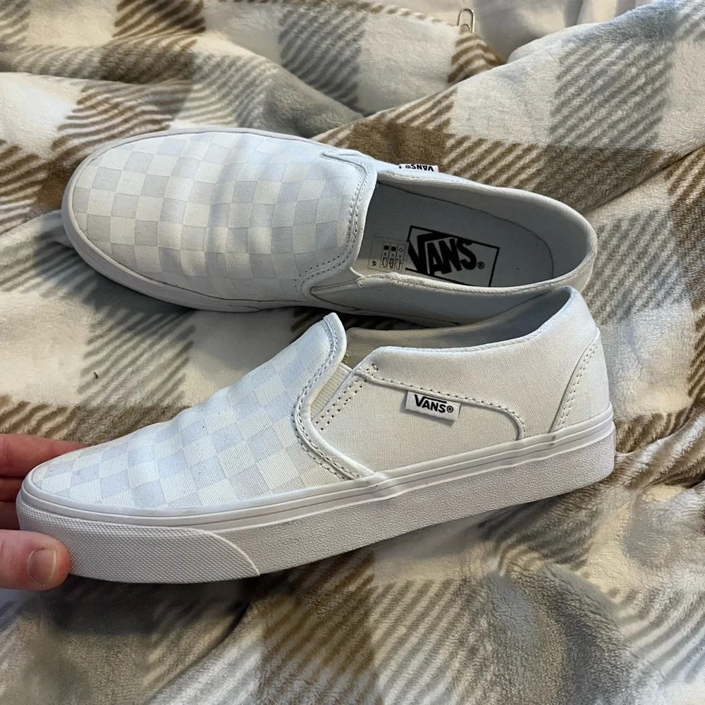 Women’s Vans White Checkered Slip-On Sneakers - Picture 2 of 3